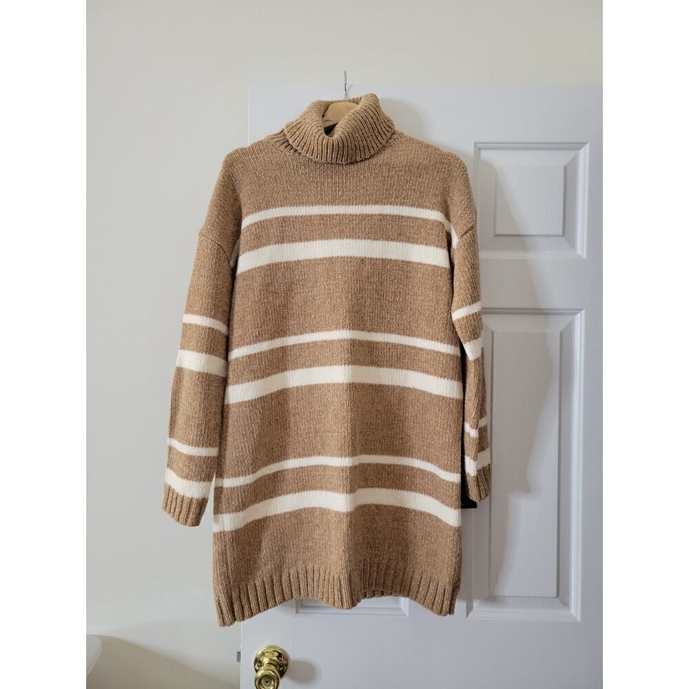 Lulus Casual Attitude Beige Striped Turtleneck Mini Sweater Dress M NWT - Picture 2 of 9